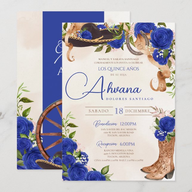 Blue Quinceanera Roses Vintage Charro Western Invitation (Front/Back)