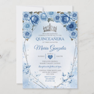 Blue Quinceañera Silver Crown Butterfly 15 Anos Invitation