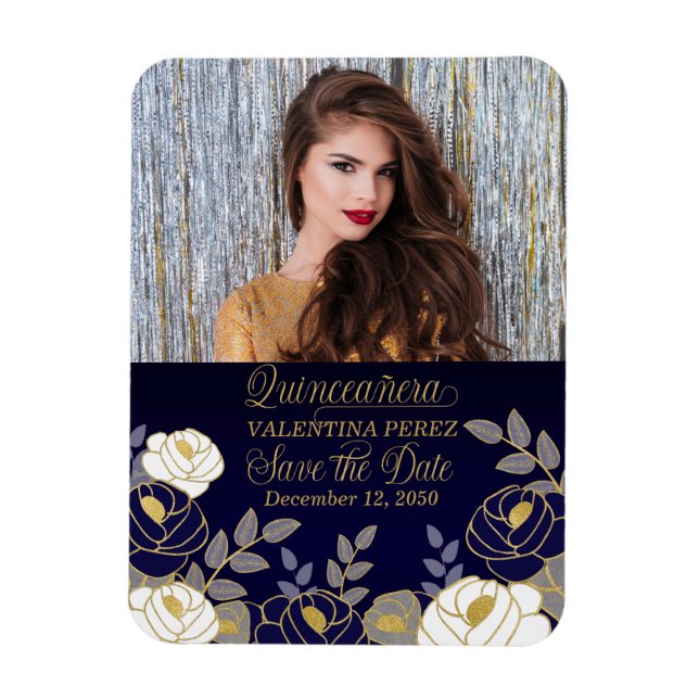 Blue Quinceanera with Gold Save the Date Magnet (Vertical)