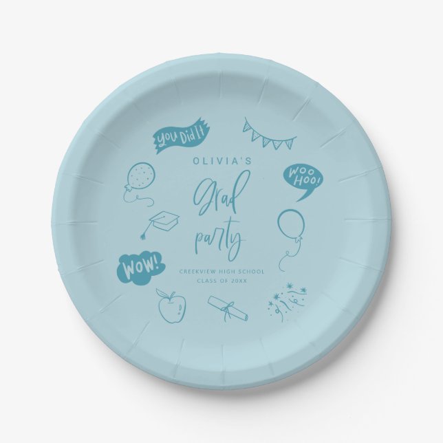 Blue Quirky Grad Icons Graduation Party Paper Plate (Front)
