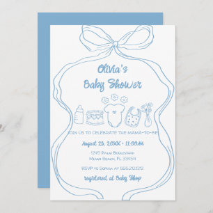 Blue Quirky Hand Drawn Wavy Bow Boy Baby Shower Invitation
