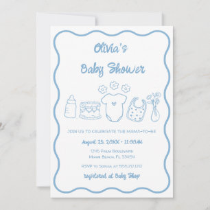 Blue Quirky Hand Drawn Wavy Frame Boy Baby Shower Invitation