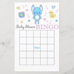 Blue rabbit baby shower bingo card