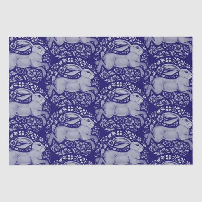Blue Rabbit Bird Circle Morris Style Pattern Tissue Paper (Front)