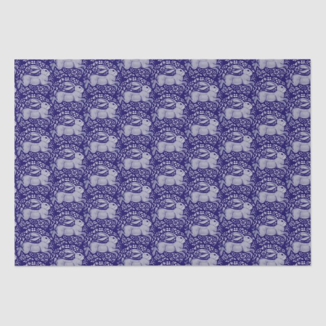 Blue Rabbit Bird Circle Morris Style Pattern Tissue Paper (Front)