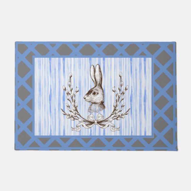 Blue Rabbit Bunny Cotton French Country  Door Doormat (Front)
