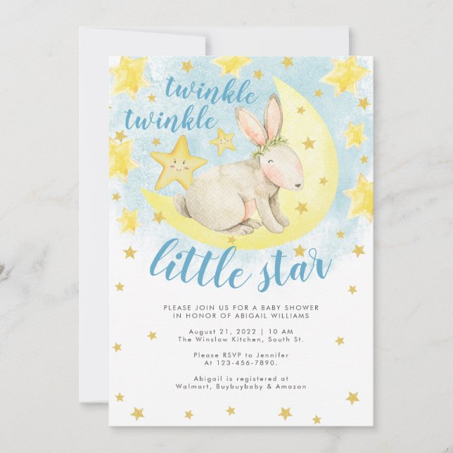 Blue Rabbit Gold Twinkle Little Star Baby Shower Invitation (Front)