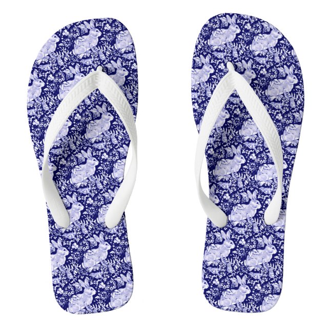 Blue Rabbit Pattern Floral Bird Woodland Unique Flip Flops (Footbed)