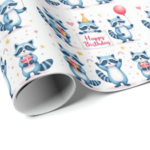 Blue Raccoon Birthday Celebration Scene - Birthday Wrapping Paper