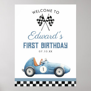 Blue Race Car 1st Birthday Welcome Sign