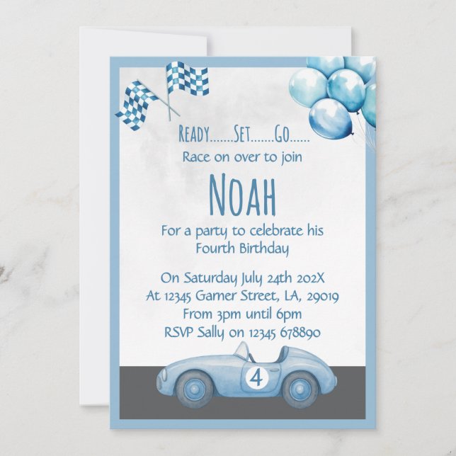 Blue Race Car 4th Birthday Party Invitation (Front)