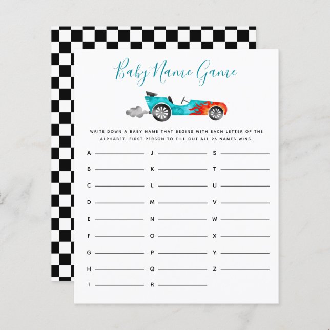 Blue Race Car Baby Name Shower Game  (Front/Back)