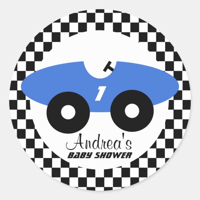 Blue Race Car Baby Shower Classic Round Sticker (Front)
