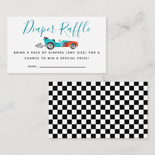 Blue Race Car Baby Shower Diaper Raffle Ticket Enclosure Card (Front/Back)