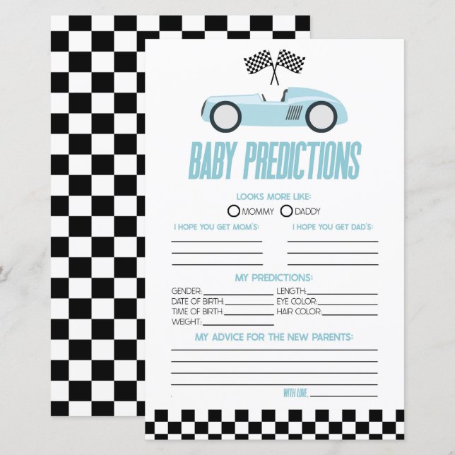 Blue Race Car Baby Shower Predictions Game (Front/Back)