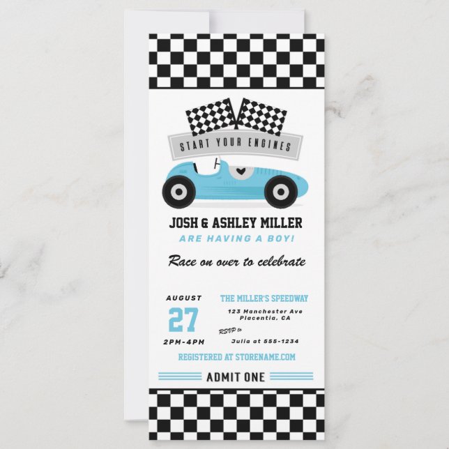 Blue Race Car Baby Shower Ticket invitation (Front)