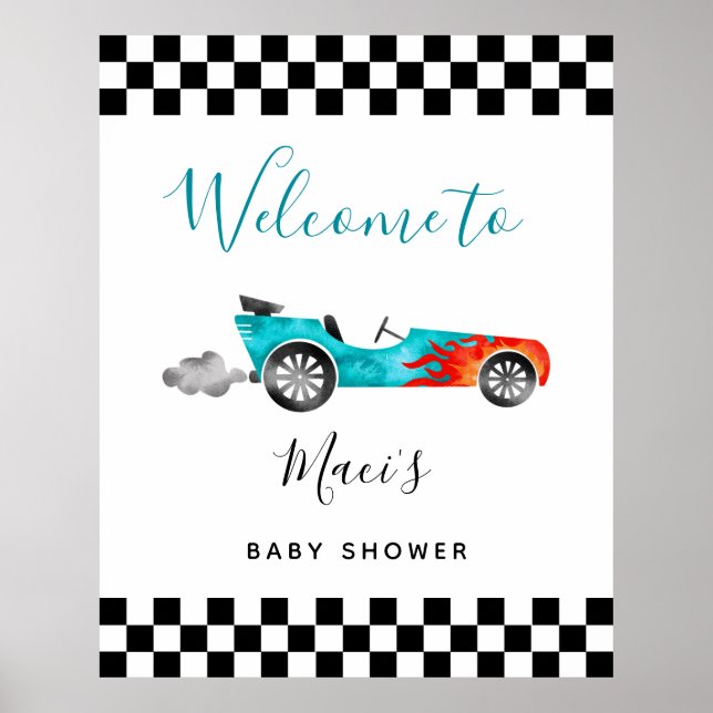 Blue Race Car Baby Shower Welcome Sign (Front)