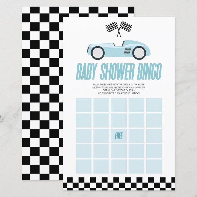 Blue Race Car Bingo Baby Shower Game (Front/Back)