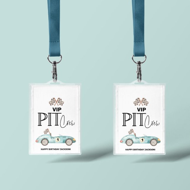 Blue Race car Birthday, any age, VIP PIT CREW ID Badge (VIP Pit crew race car passes)