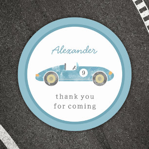 Blue race car birthday classic round sticker