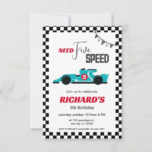 Blue Race Car Birthday | Need Five Speed Invitation (Front)