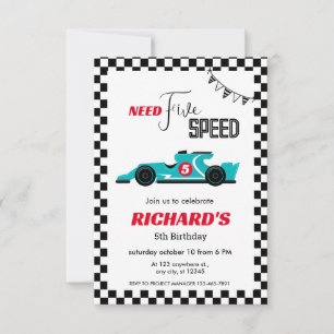 Blue Race Car Birthday   Need Five Speed Invitation