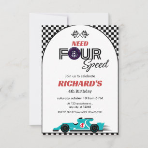 Blue Race Car Birthday   Need Four Speed Invitation
