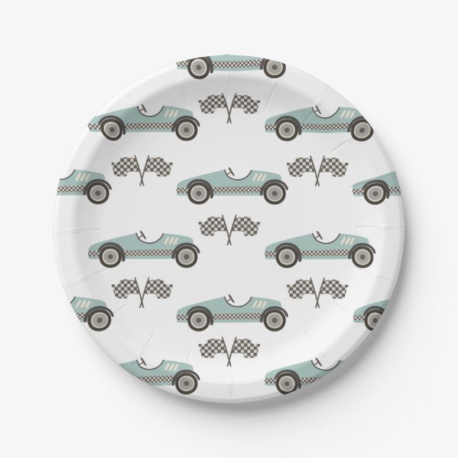 blue Race Car Birthday Paper Plates (Front)