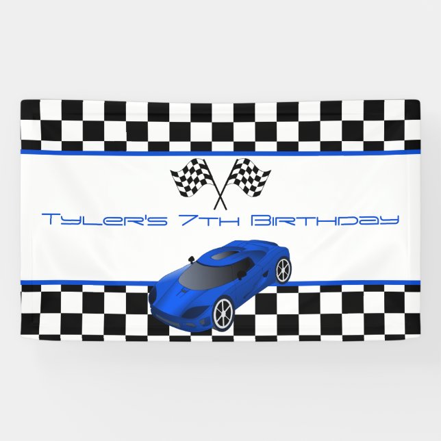 Blue Race Car Birthday Party Banner (Horizontal)