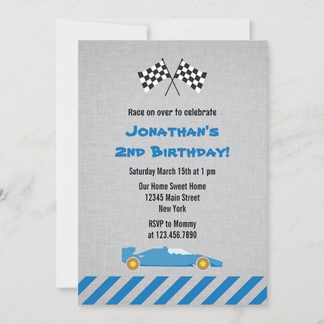 Blue Race Car Birthday Party Invitation (Front)