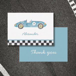 Blue race car birthday thank you card