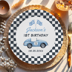 Blue Race Car Boy 1st Birthday Paper Plate