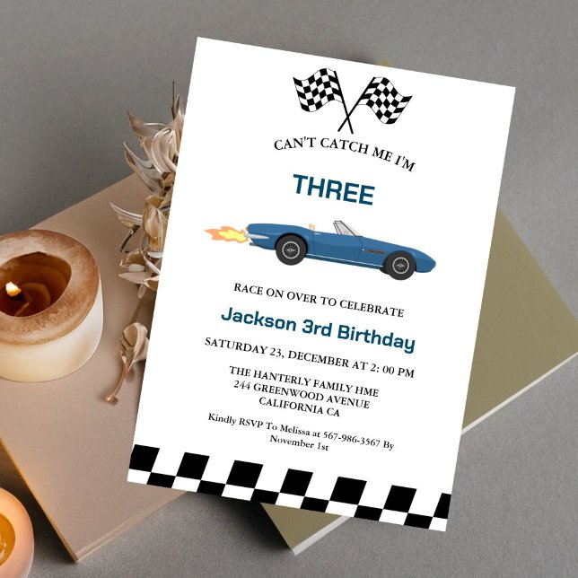 Blue Race Car Boy 3rd Birthday Party Invitation (Creator Uploaded)