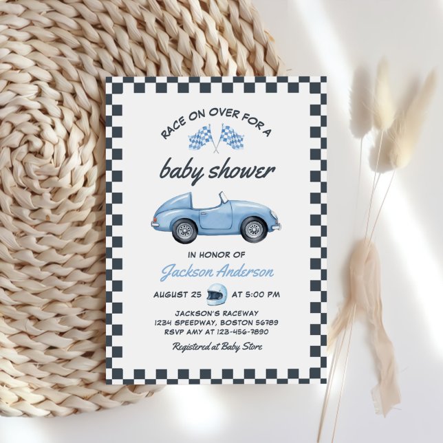 Blue Race Car Boy Baby Shower Invitation (Creator Uploaded)