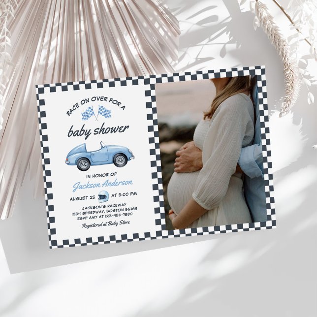 Blue Race Car Boy Baby Shower Photo Invitation (Creator Uploaded)