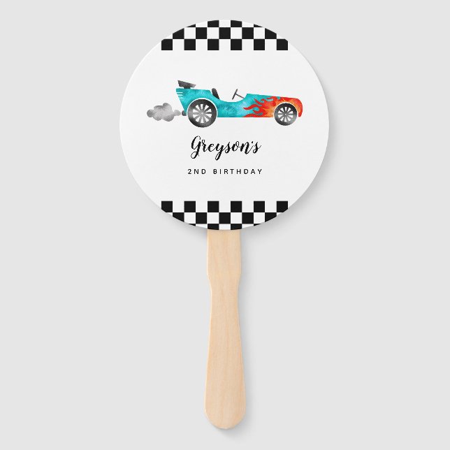 Blue Race Car Boy Birthday Party Photo Hand Fan (Front)