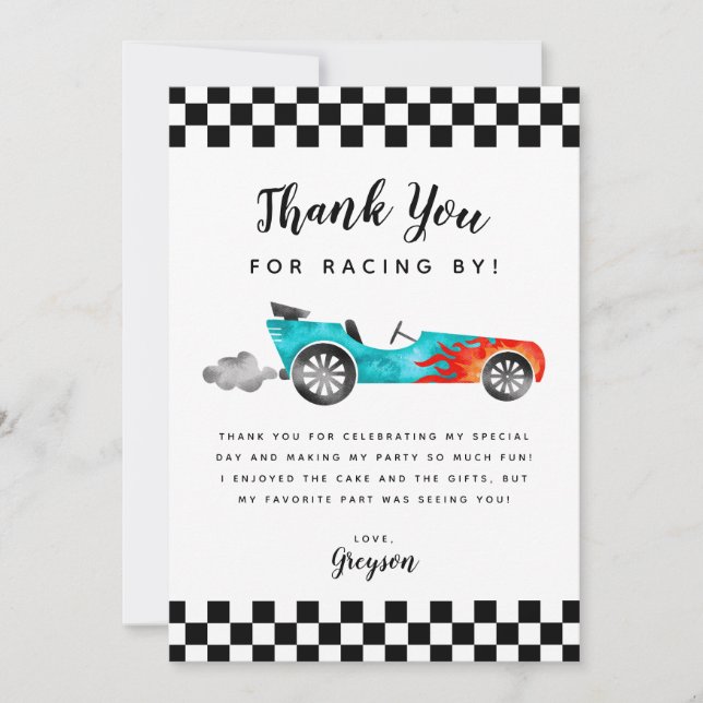Blue Race Car Boy Birthday Party Thank You Card (Front)