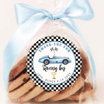 Blue race car Boy Birthday Thank you for racing by Classic Round Sticker<br><div class="desc">Blue race car Boy Birthday Thank you for racing by Classic Round Sticker
Matching items available.</div>