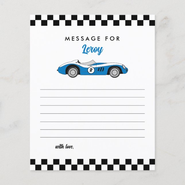Blue Race Car Boy Birthday Time Capsule Note Card (Front)