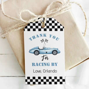 Blue race car Boy racing birthday thank you Gift Tags