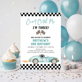 Blue Race Car Can't Catch Me I'm Three Birthday Invitation