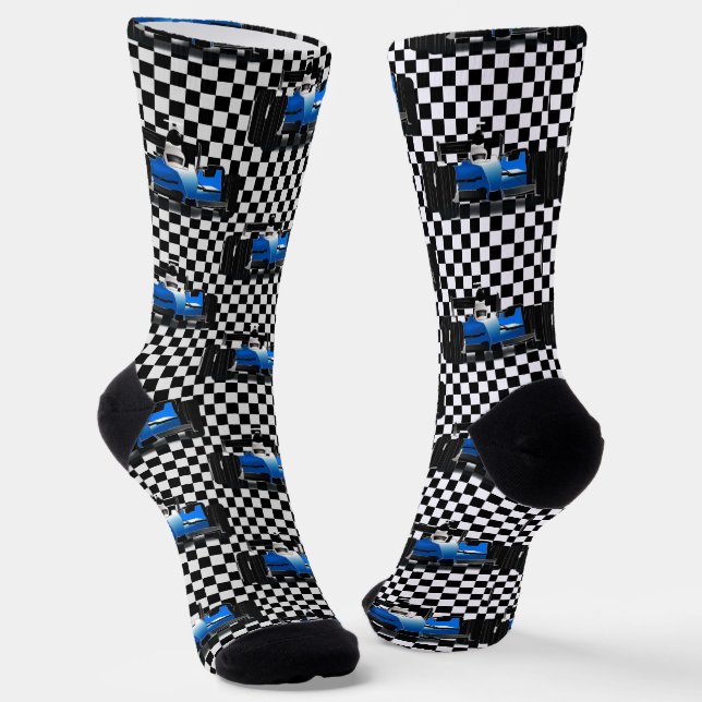 Blue Race Car - Chequerboard Sports Socks (Angled)
