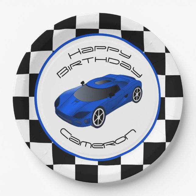 Blue Race Car | Custom Birthday Party Paper Plate (Front)