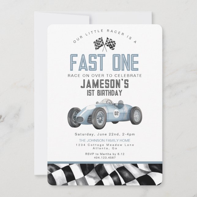 Blue Race Car Fast One 1st Birthday Party Invite (Front)