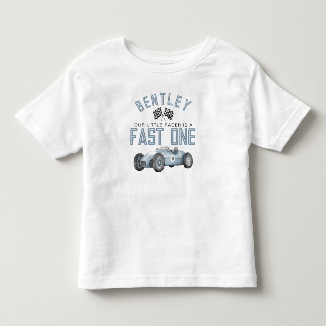 Blue Race Car Fast One Birthday Boy Shirt (Front)