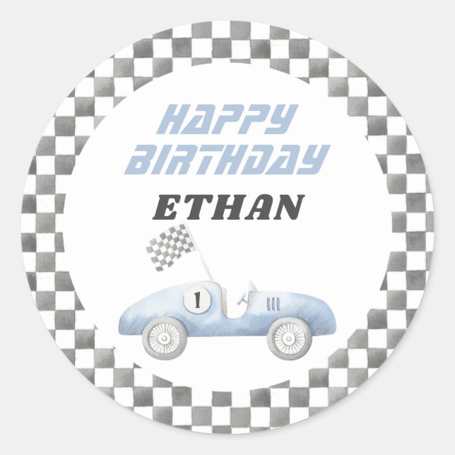 Blue Race Car Fast ONE Boy Birthday Classic Round Sticker (Front)