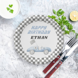 Blue Race Car Fast ONE Boy Birthday Paper Plate