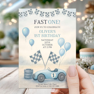Blue Race Car First Birthday Invitation