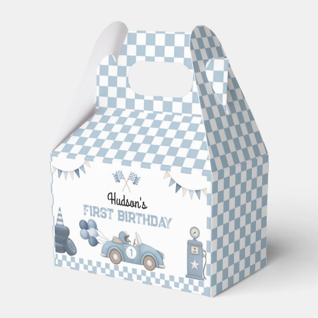 Blue Race Car First Lap Around the Track Birthday Favour Box (Front Side)