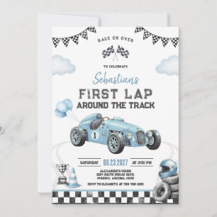 Blue Race Car First Lap Around The Track Birthday Invitation